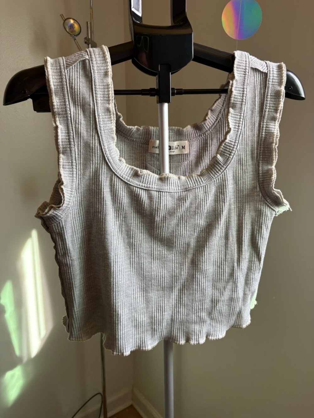 NATURAL LIFE Ruffle-Edge Ribbed Tank Top - Light Gray
